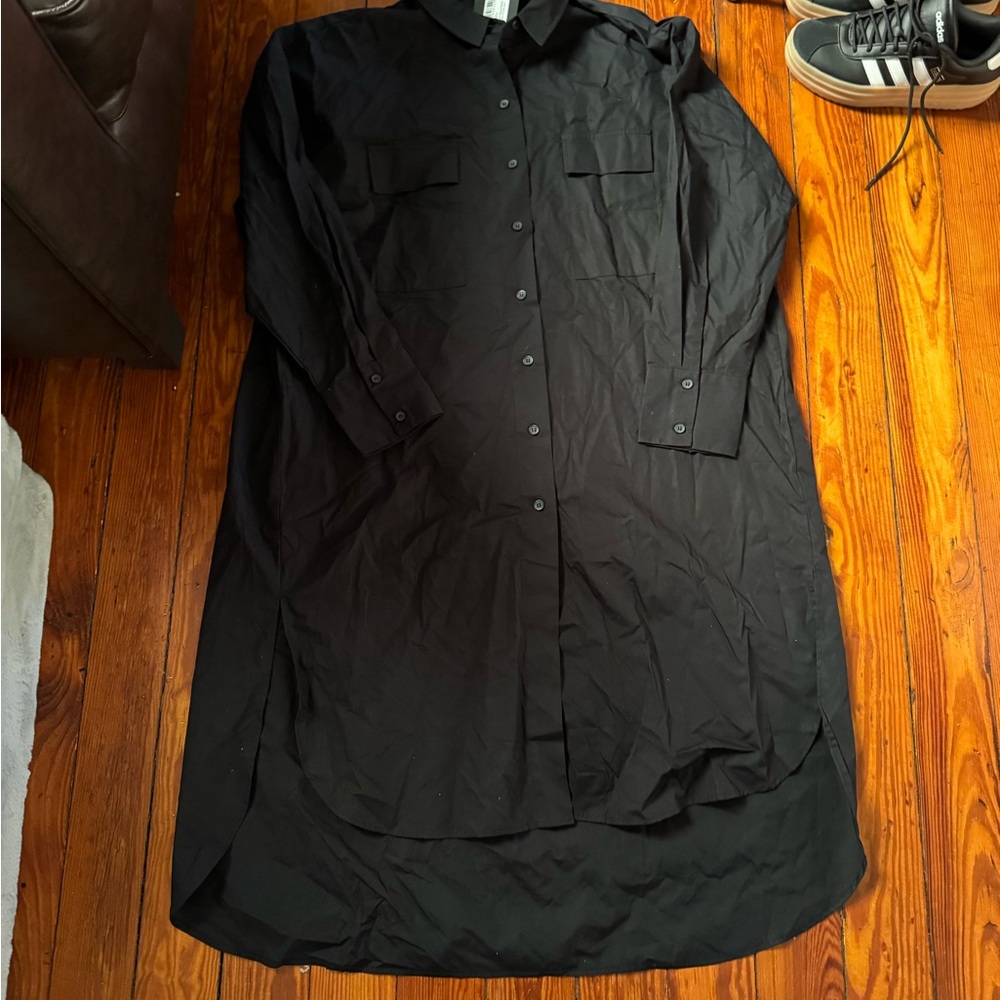 Black Drop Hem Deep Pocket Midi Shirt Dress 14 UK Size